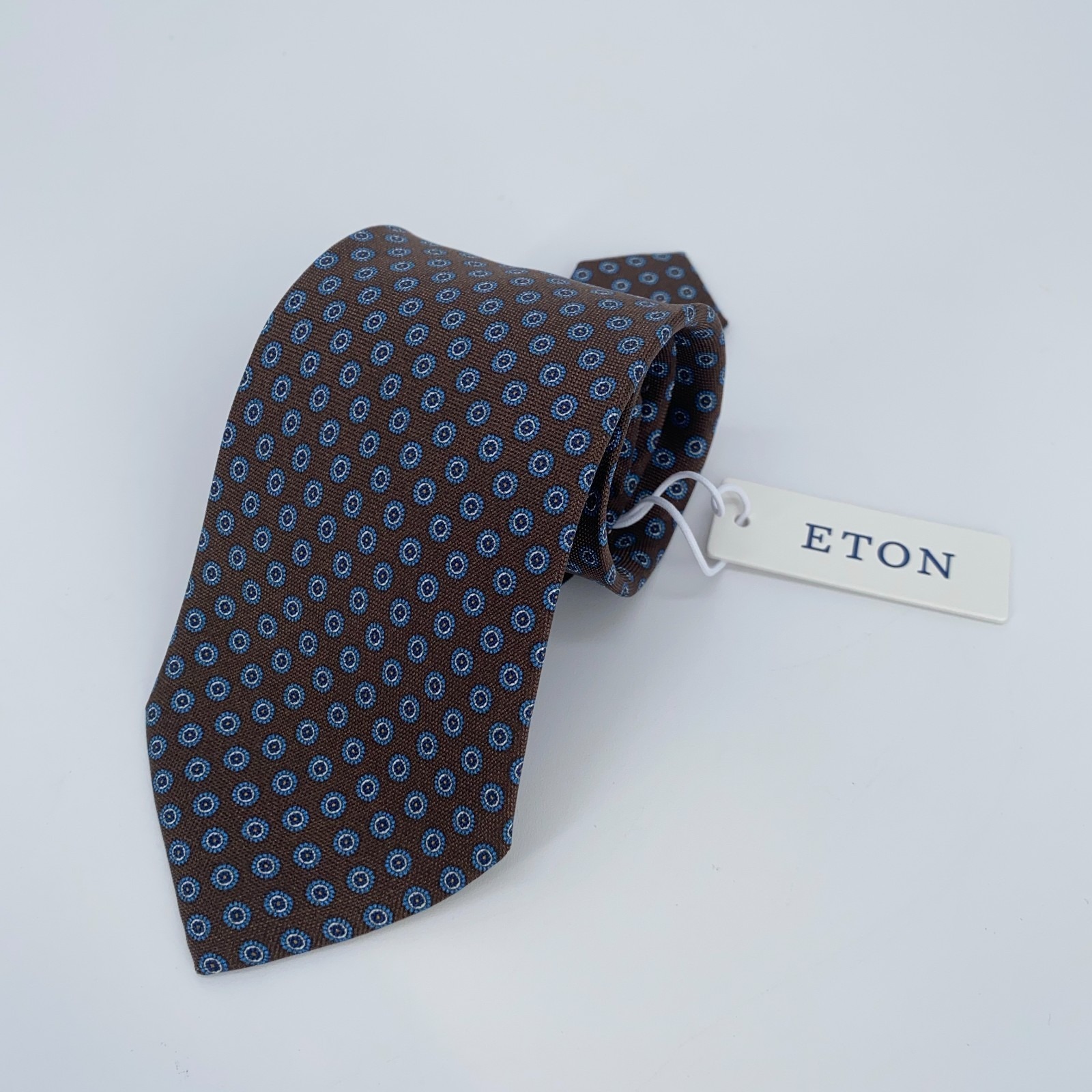 Eton Tie Men One Size Brown Blue Patterned Silk Classic Necktie Italy Made Nwt